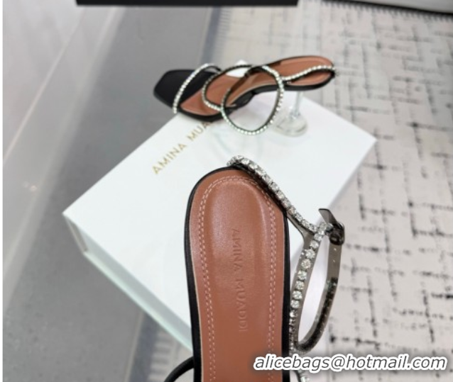 Luxurious Amina Muaddi Glid Ankle Strap Sandals 9.5cm in PVC and Leather with Strass Black 2025 AM070902
