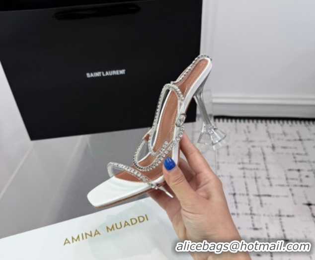 Top Grade Amina Muaddi Glid Ankle Strap Sandals 9.5cm in PVC and Leather with Strass White 2025 AM070902