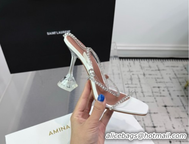 Top Grade Amina Muaddi Glid Ankle Strap Sandals 9.5cm in PVC and Leather with Strass White 2025 AM070902