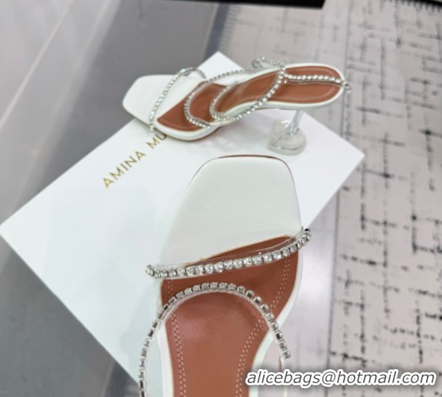 Top Grade Amina Muaddi Glid Ankle Strap Sandals 9.5cm in PVC and Leather with Strass White 2025 AM070902