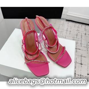 Best Grade Amina Muaddi Glid Ankle Strap Sandals 9.5cm in PVC and Leather with Strass Fuchsia Pink AM070902