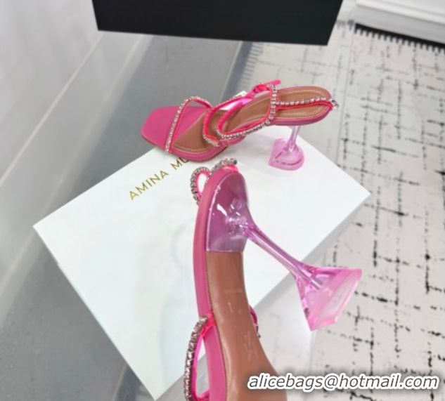 Best Grade Amina Muaddi Glid Ankle Strap Sandals 9.5cm in PVC and Leather with Strass Fuchsia Pink AM070902