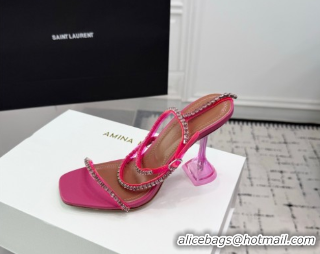 Best Grade Amina Muaddi Glid Ankle Strap Sandals 9.5cm in PVC and Leather with Strass Fuchsia Pink AM070902