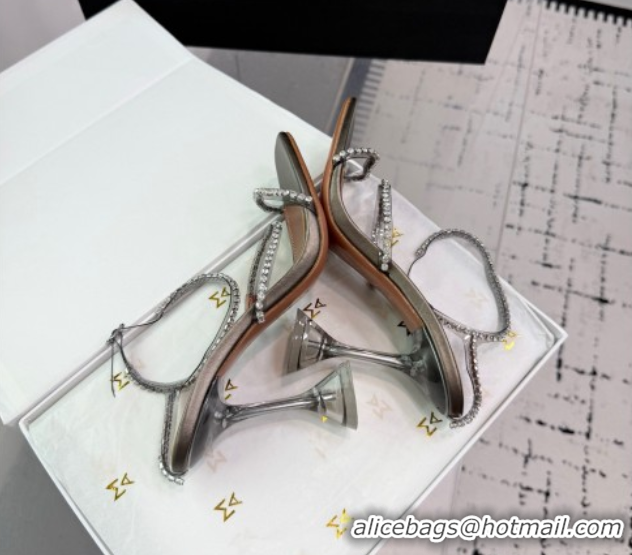 Most Popular Amina Muaddi Glid Ankle Strap Sandals 9.5cm in PVC and Leather with Strass Grey AM070902