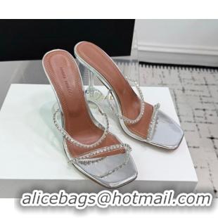 Cheap Price Amina Muaddi Gilda Heel Slides Sandal 9.5cm in PVC and Leather with Strass Silver AM070903