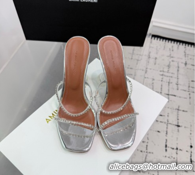 Cheap Price Amina Muaddi Gilda Heel Slides Sandal 9.5cm in PVC and Leather with Strass Silver AM070903