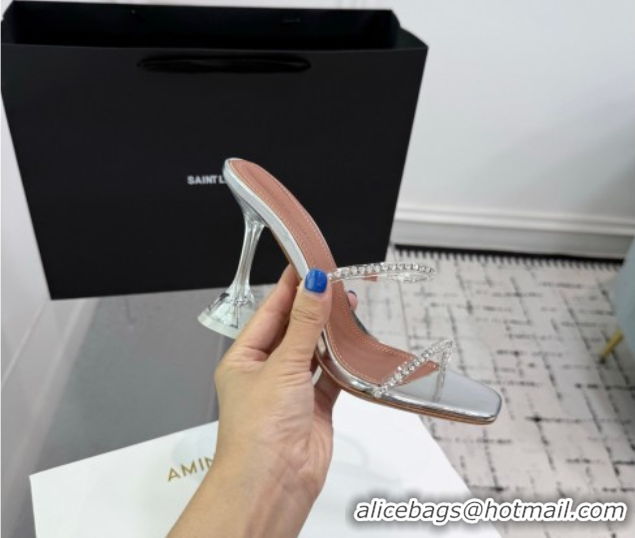 Cheap Price Amina Muaddi Gilda Heel Slides Sandal 9.5cm in PVC and Leather with Strass Silver AM070903