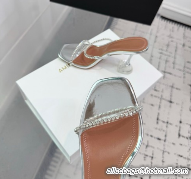 Cheap Price Amina Muaddi Gilda Heel Slides Sandal 9.5cm in PVC and Leather with Strass Silver AM070903