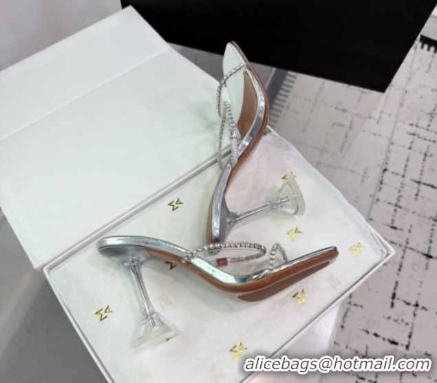 Cheap Price Amina Muaddi Gilda Heel Slides Sandal 9.5cm in PVC and Leather with Strass Silver AM070903