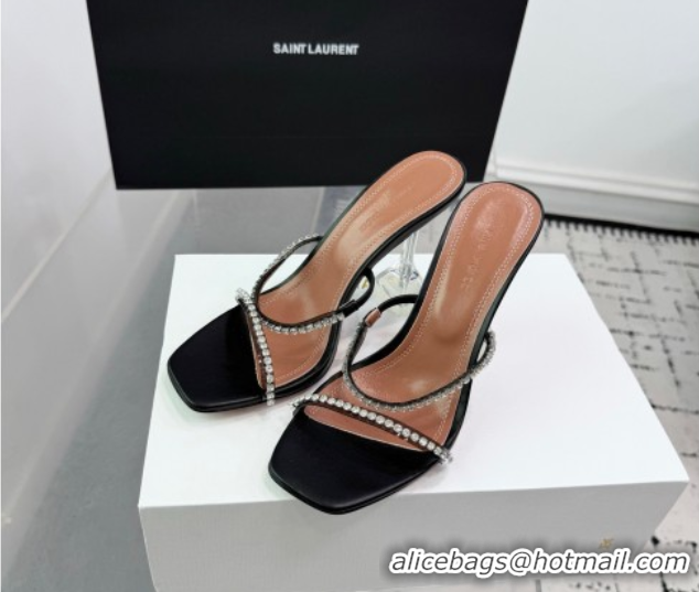 Good Quality Amina Muaddi Gilda Heel Slides Sandal 9.5cm in PVC and Leather with Strass Black AM070903