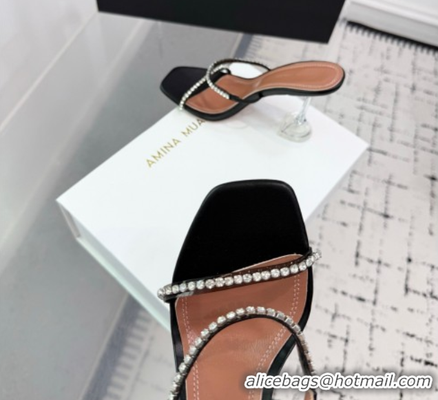 Good Quality Amina Muaddi Gilda Heel Slides Sandal 9.5cm in PVC and Leather with Strass Black AM070903