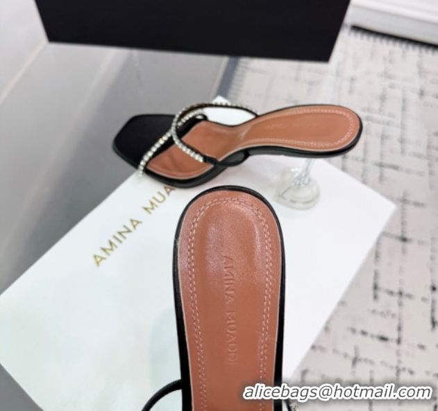 Good Quality Amina Muaddi Gilda Heel Slides Sandal 9.5cm in PVC and Leather with Strass Black AM070903