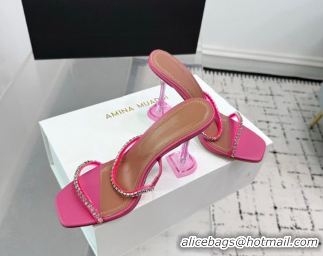 Classic Hot Amina Muaddi Gilda Heel Slides Sandal 9.5cm in PVC and Leather with Strass Fuchsia Pink AM070903