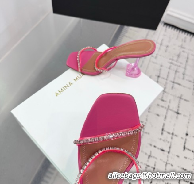 Classic Hot Amina Muaddi Gilda Heel Slides Sandal 9.5cm in PVC and Leather with Strass Fuchsia Pink AM070903
