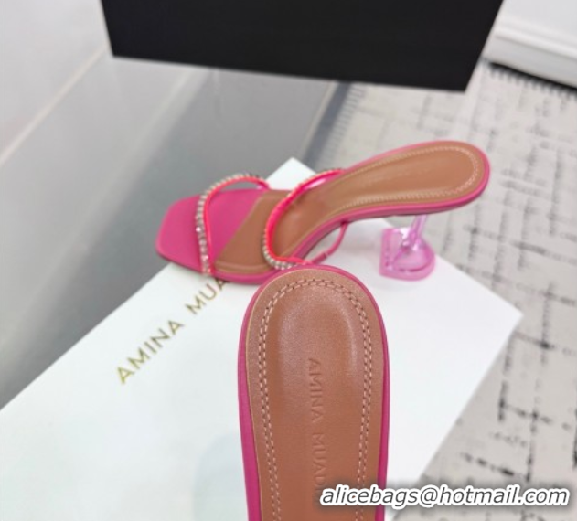 Classic Hot Amina Muaddi Gilda Heel Slides Sandal 9.5cm in PVC and Leather with Strass Fuchsia Pink AM070903