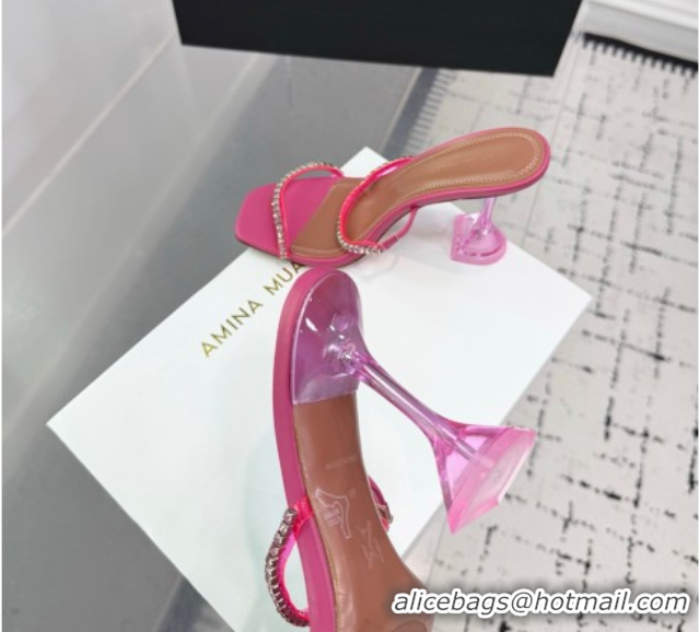 Classic Hot Amina Muaddi Gilda Heel Slides Sandal 9.5cm in PVC and Leather with Strass Fuchsia Pink AM070903