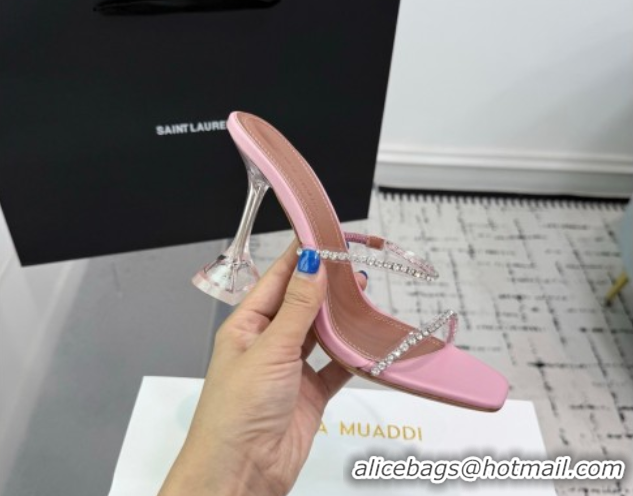 Pretty Style Amina Muaddi Gilda Heel Slides Sandal 9.5cm in PVC and Leather with Strass Light Pink 2025 AM070903