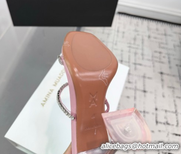 Pretty Style Amina Muaddi Gilda Heel Slides Sandal 9.5cm in PVC and Leather with Strass Light Pink 2025 AM070903