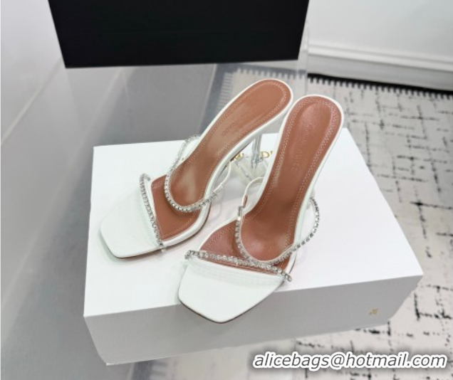 Top Grade Amina Muaddi Gilda Heel Slides Sandal 9.5cm in PVC and Leather with Strass White AM070903