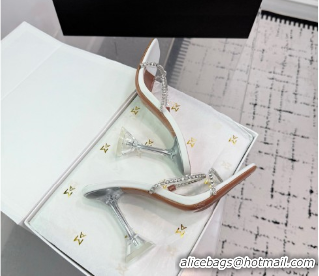 Top Grade Amina Muaddi Gilda Heel Slides Sandal 9.5cm in PVC and Leather with Strass White AM070903