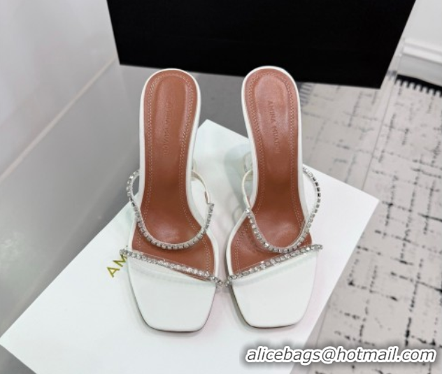 Top Grade Amina Muaddi Gilda Heel Slides Sandal 9.5cm in PVC and Leather with Strass White AM070903