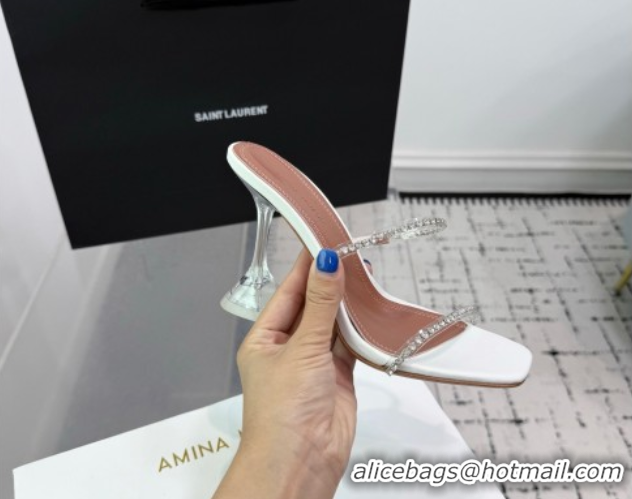 Top Grade Amina Muaddi Gilda Heel Slides Sandal 9.5cm in PVC and Leather with Strass White AM070903