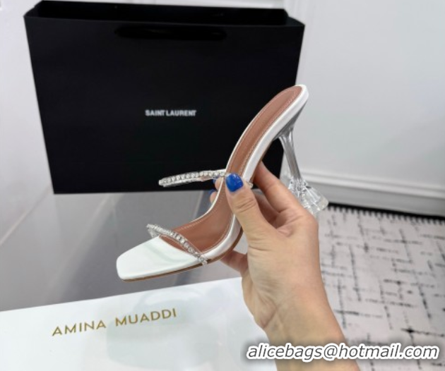 Top Grade Amina Muaddi Gilda Heel Slides Sandal 9.5cm in PVC and Leather with Strass White AM070903