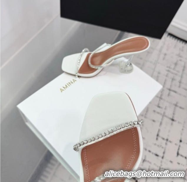 Top Grade Amina Muaddi Gilda Heel Slides Sandal 9.5cm in PVC and Leather with Strass White AM070903
