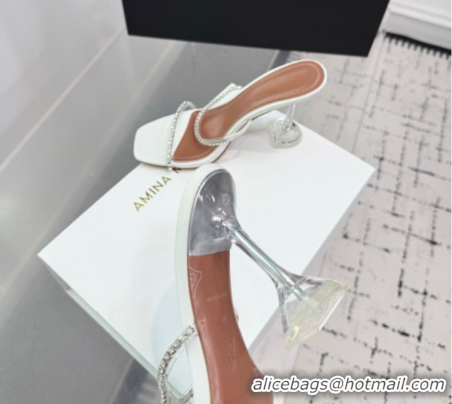 Top Grade Amina Muaddi Gilda Heel Slides Sandal 9.5cm in PVC and Leather with Strass White AM070903