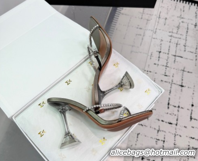Shop Duplicate Amina Muaddi Gilda Heel Slides Sandal 9.5cm in PVC and Leather with Strass Grey AM070903
