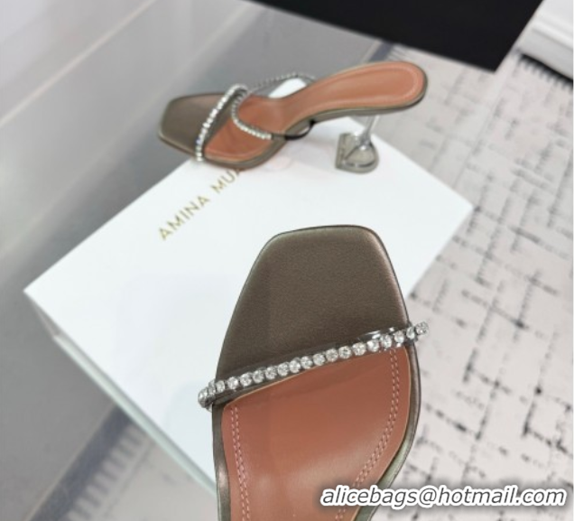 Shop Duplicate Amina Muaddi Gilda Heel Slides Sandal 9.5cm in PVC and Leather with Strass Grey AM070903