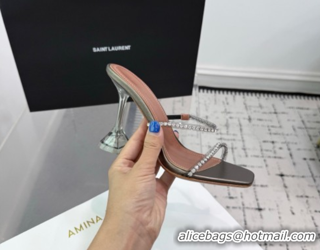 Shop Duplicate Amina Muaddi Gilda Heel Slides Sandal 9.5cm in PVC and Leather with Strass Grey AM070903