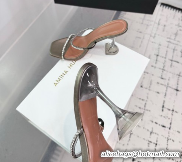 Shop Duplicate Amina Muaddi Gilda Heel Slides Sandal 9.5cm in PVC and Leather with Strass Grey AM070903