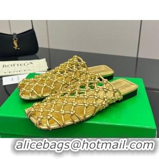 Buy New Cheap Bottega Veneta Riva Flat Slides Sandal in Woven Knotted Leather Gold 50709062