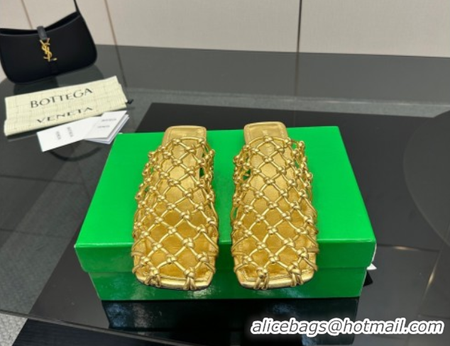 Buy New Cheap Bottega Veneta Riva Flat Slides Sandal in Woven Knotted Leather Gold 50709062
