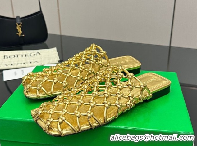 Buy New Cheap Bottega Veneta Riva Flat Slides Sandal in Woven Knotted Leather Gold 50709062