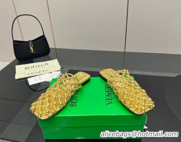 Buy New Cheap Bottega Veneta Riva Flat Slides Sandal in Woven Knotted Leather Gold 50709062