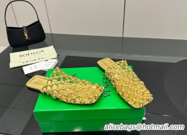 Buy New Cheap Bottega Veneta Riva Flat Slides Sandal in Woven Knotted Leather Gold 50709062