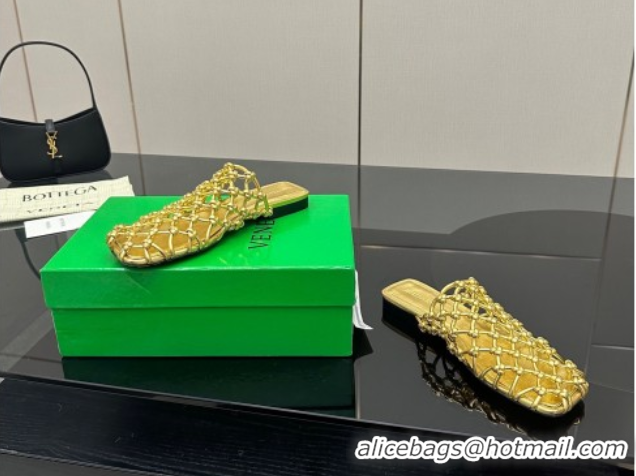 Buy New Cheap Bottega Veneta Riva Flat Slides Sandal in Woven Knotted Leather Gold 50709062