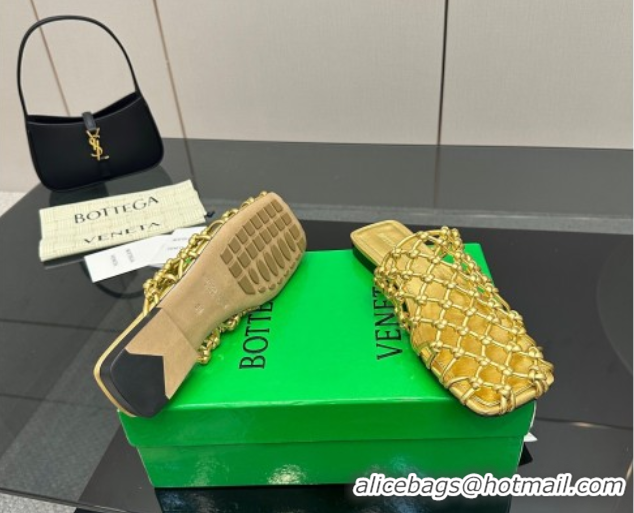 Buy New Cheap Bottega Veneta Riva Flat Slides Sandal in Woven Knotted Leather Gold 50709062
