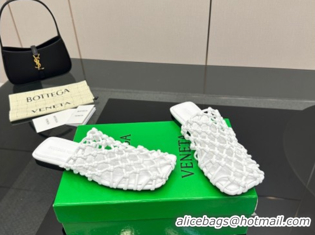 Big Discount Bottega Veneta Riva Flat Slides Sandal in Woven Knotted Leather White 0709064