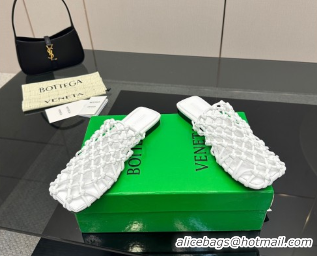 Big Discount Bottega Veneta Riva Flat Slides Sandal in Woven Knotted Leather White 0709064