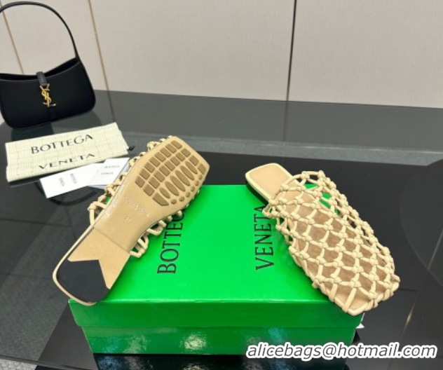 Unique Style Bottega Veneta Riva Flat Slides Sandal in Woven Knotted Leather Beige 50709065