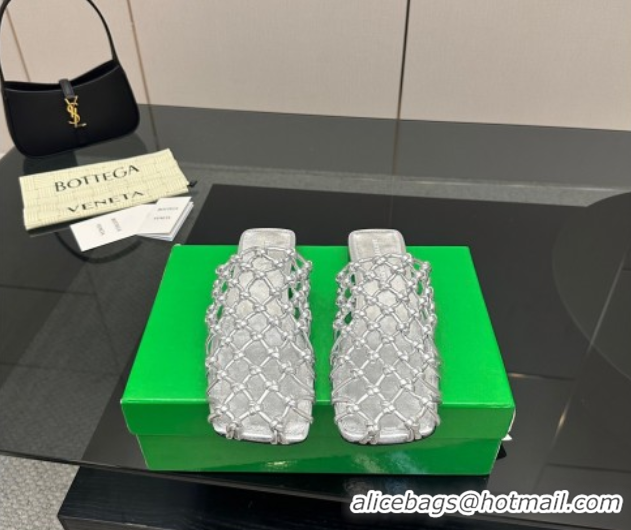 Buy Luxury Bottega Veneta Riva Flat Slides Sandal in Woven Knotted Leather Silver 50709066