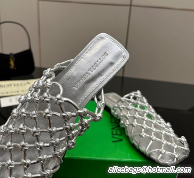 Buy Luxury Bottega Veneta Riva Flat Slides Sandal in Woven Knotted Leather Silver 50709066