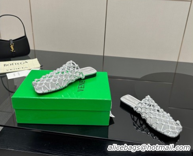 Buy Luxury Bottega Veneta Riva Flat Slides Sandal in Woven Knotted Leather Silver 50709066