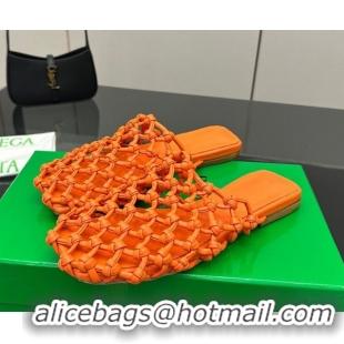 Stylish Bottega Veneta Riva Flat Slides Sandal in Woven Knotted Leather Orange 50709067