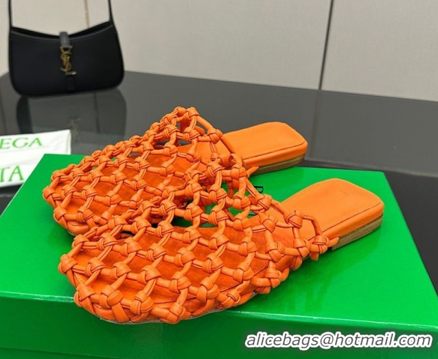 Stylish Bottega Veneta Riva Flat Slides Sandal in Woven Knotted Leather Orange 50709067