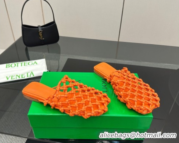 Stylish Bottega Veneta Riva Flat Slides Sandal in Woven Knotted Leather Orange 50709067