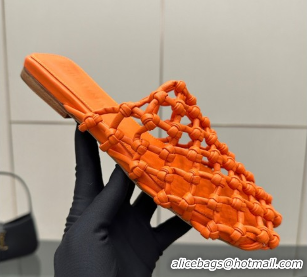 Stylish Bottega Veneta Riva Flat Slides Sandal in Woven Knotted Leather Orange 50709067